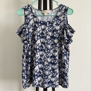 Michael Kors Cold Shoulder Top - Blue & White Shibori Tie Dye - Size Large